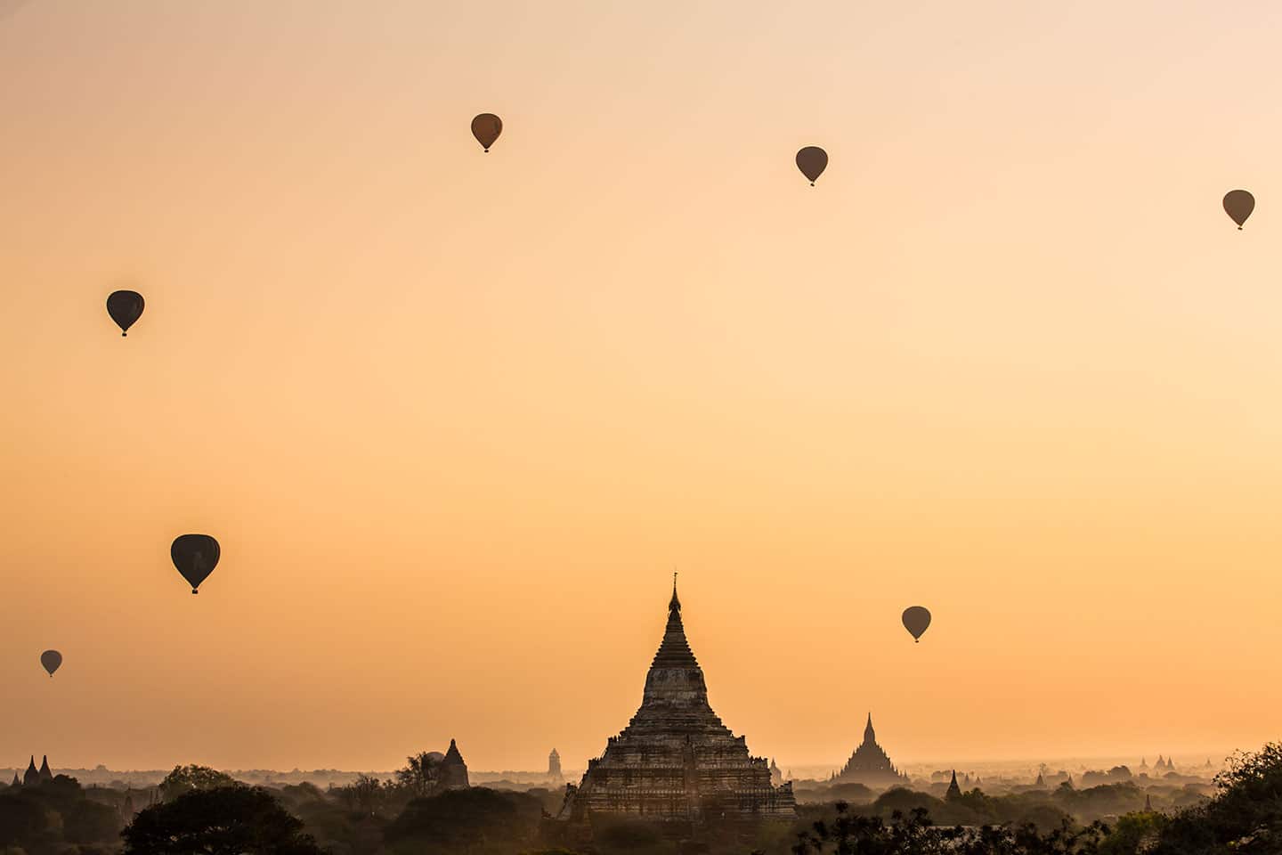 Hot air balloons over Bagan temples in Myanmar