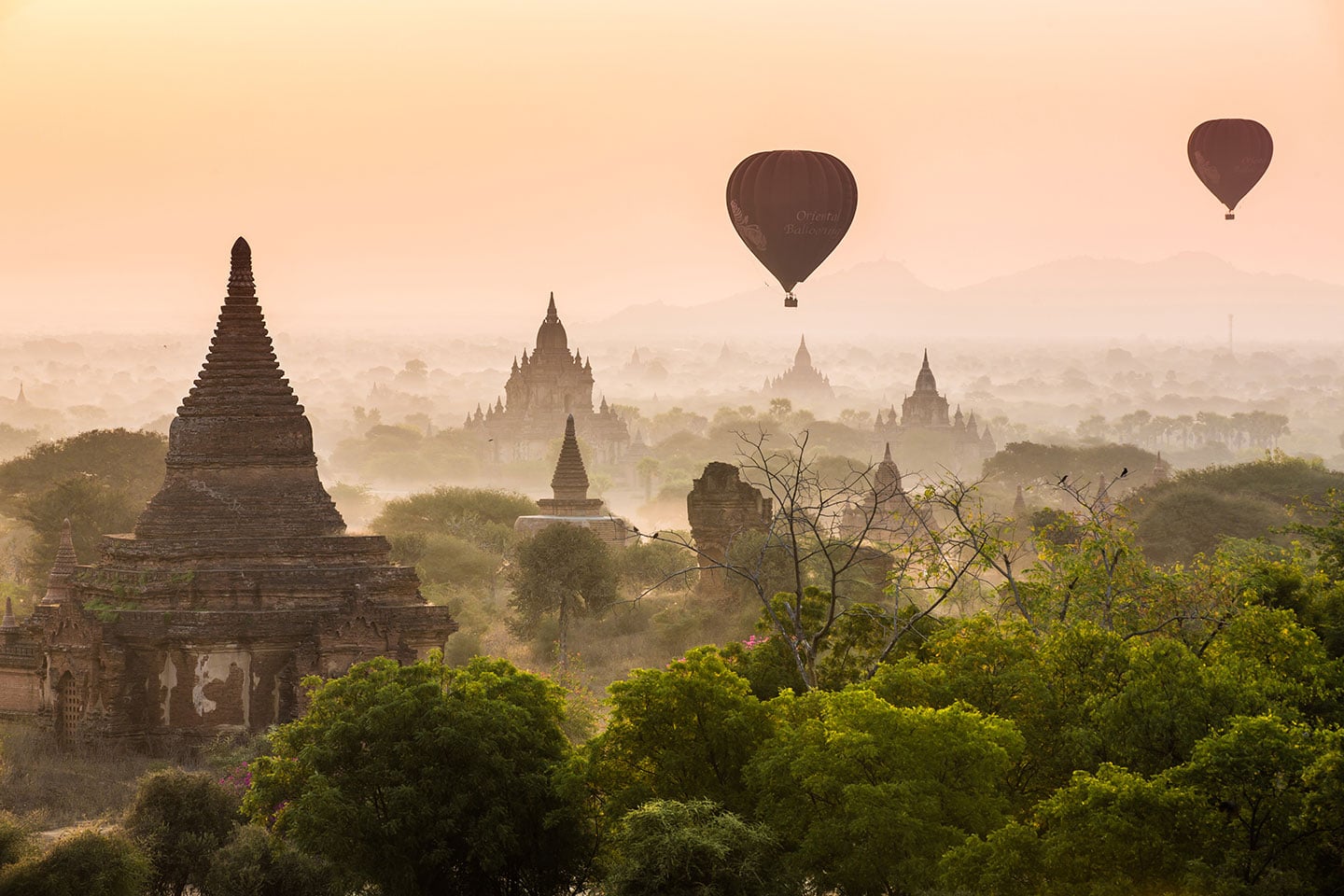 Misty sunrise over the temples of Bagan in Myanmar