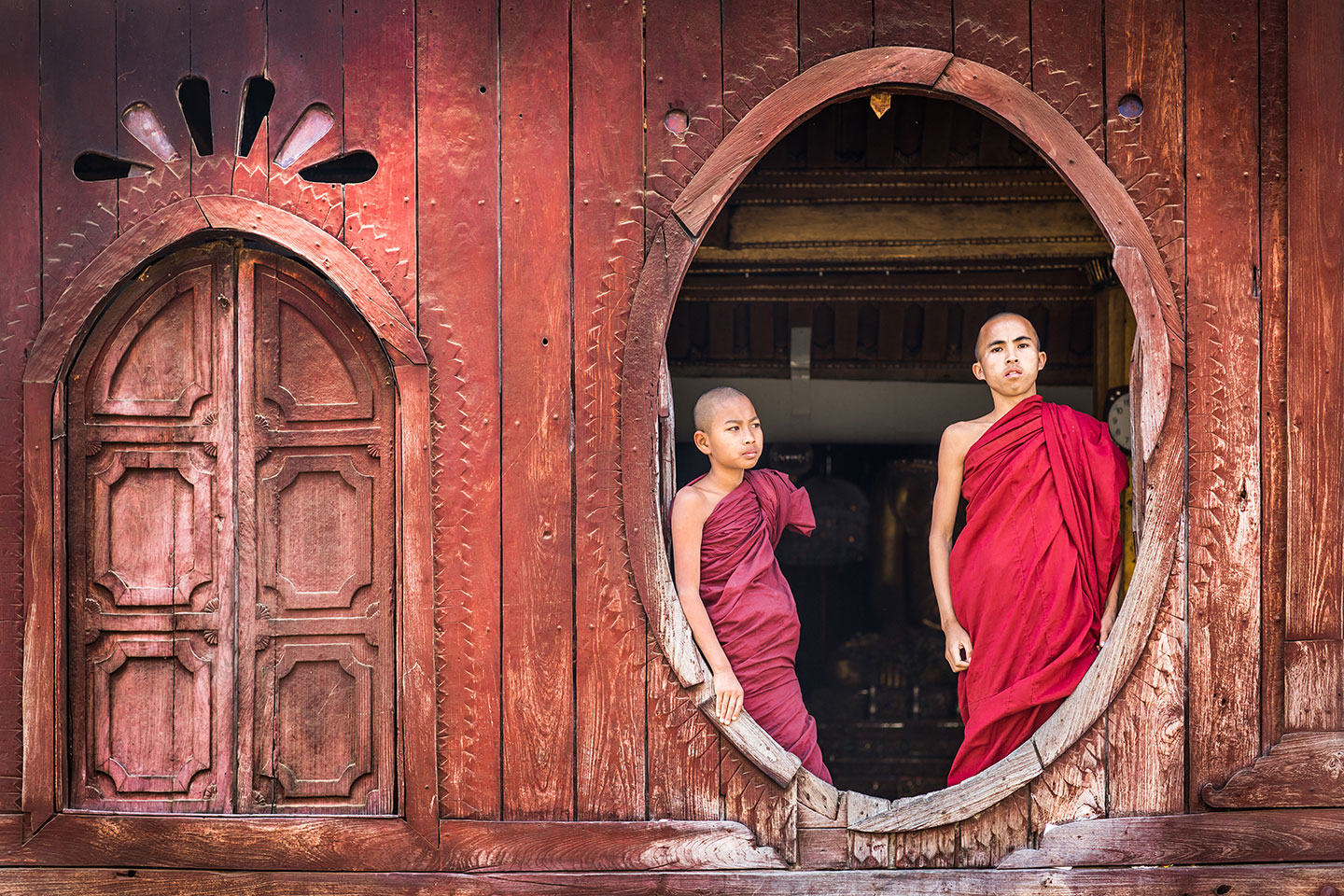 Young monks at the wooden monastery of Shan State in Myanmar