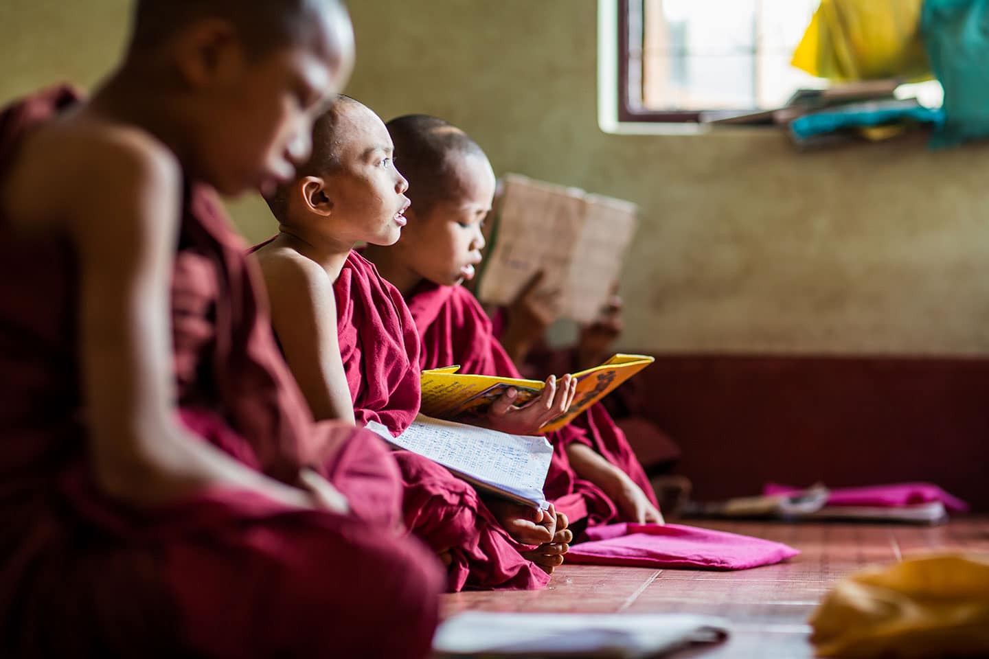 Young monks praying in Bagan, Myanmar