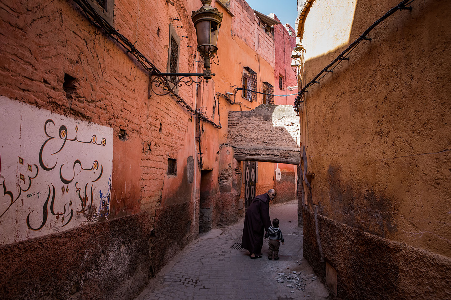 Red streets of the Medina in Marrakesh, Morocco