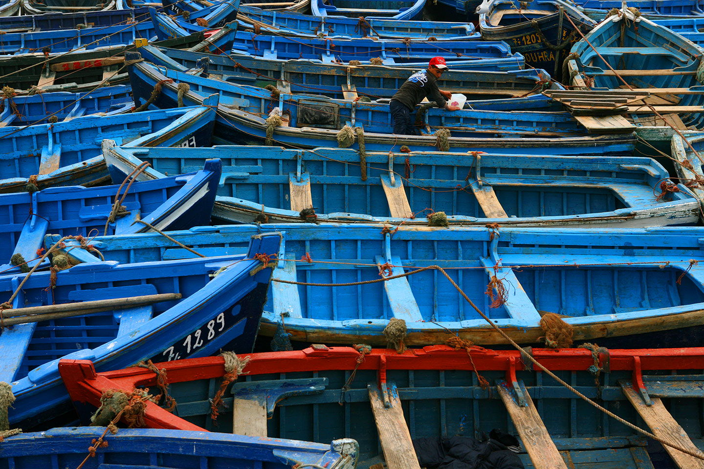 Blue boats in the harbor of Essaouira, Morocco