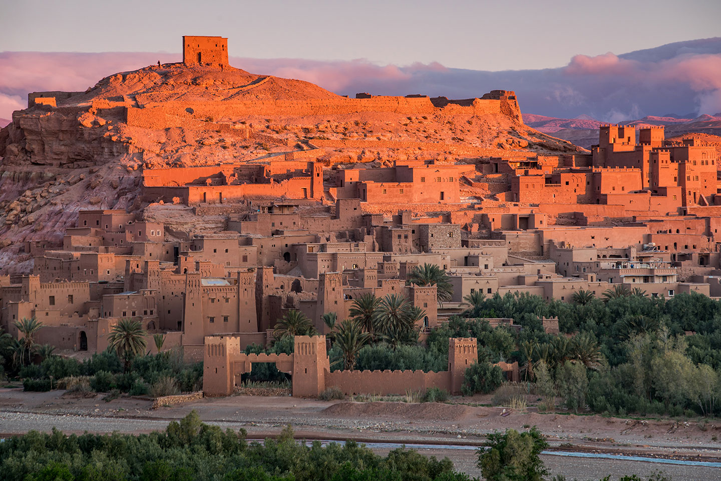 Dramatic sunset over Aït Benhaddou Kasbah in Morocco during a travel photography trip