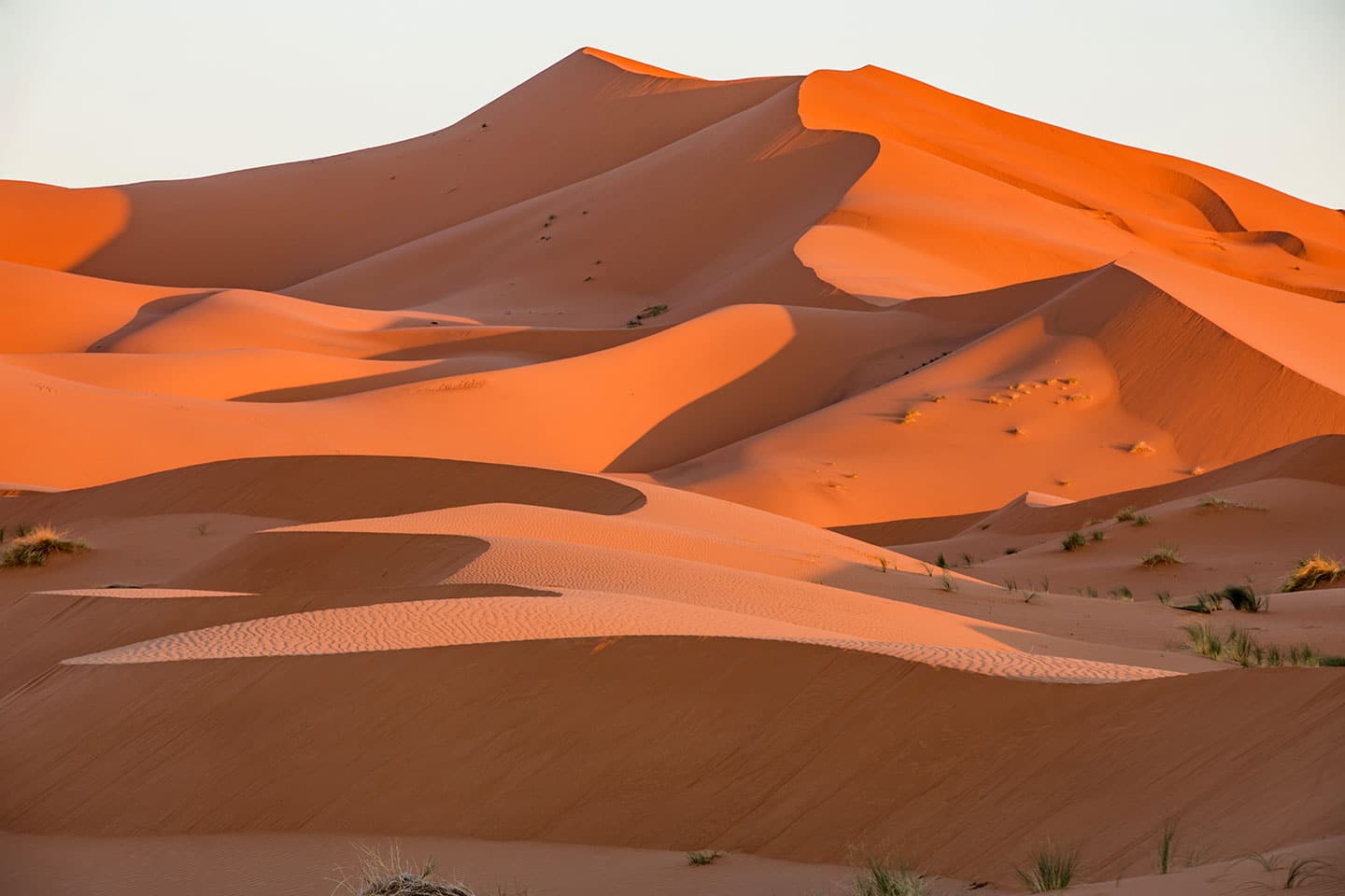 Sunset over the giant sand dunes of the Sahara Desert in Morocco